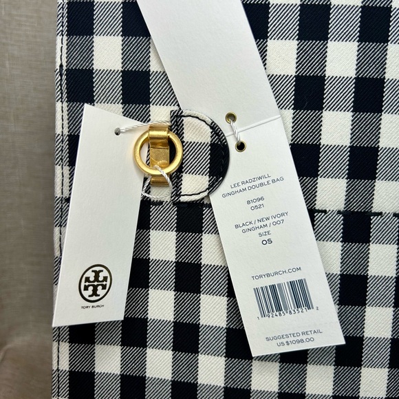NWT Tory Burch Lee Radziwill Double Bag – Black/Ivory Gingham Canvas Satchel - Picture 4 of 15